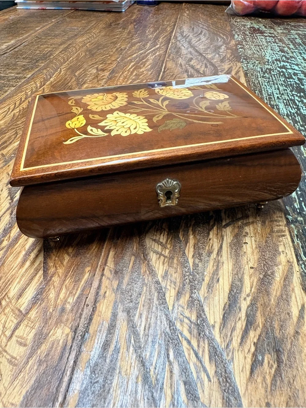 Vintage Reuge Swiss Made Floral Wood Marquetry Musical Jewelry Box